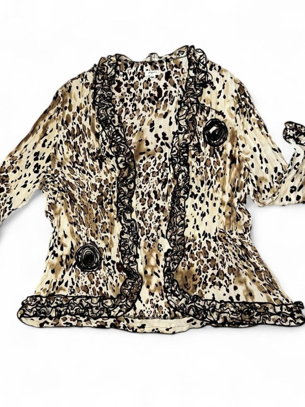 VTG Y2K Agora Animal Print Beige Open Cardigan Womens PXL Fairy Ruffles Beaded